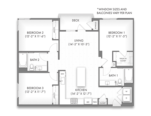 Floor plan for 3 beds, 2 baths, 1295 sqft